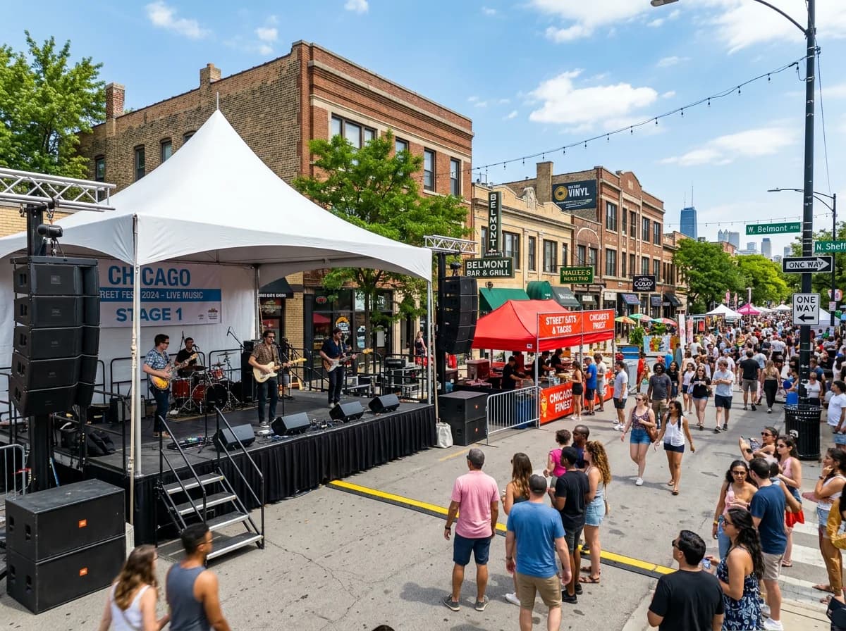 Outdoor street festival in Chicago with a live band on stage and crowd along the street.