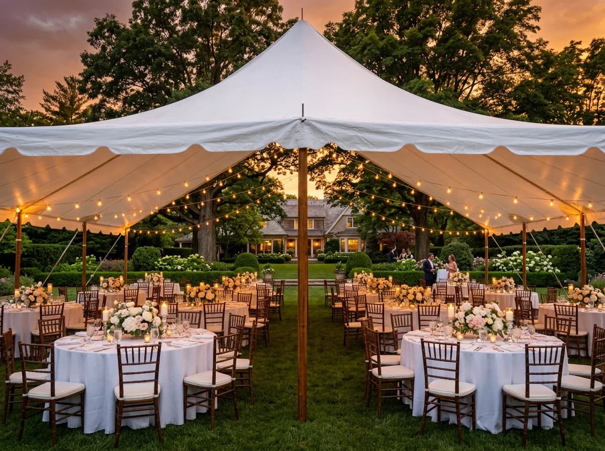 Elegant outdoor wedding tent with dining tables on a lawn, Chicago skyline and Lake Michigan in the background.