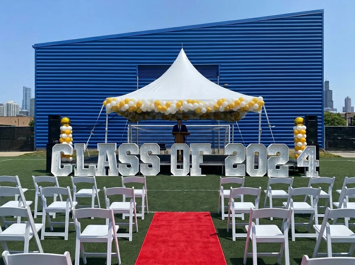 Outdoor graduation ceremony with Class of 2024 marquee letters and tent on a turf field, Chicago skyline beyond.