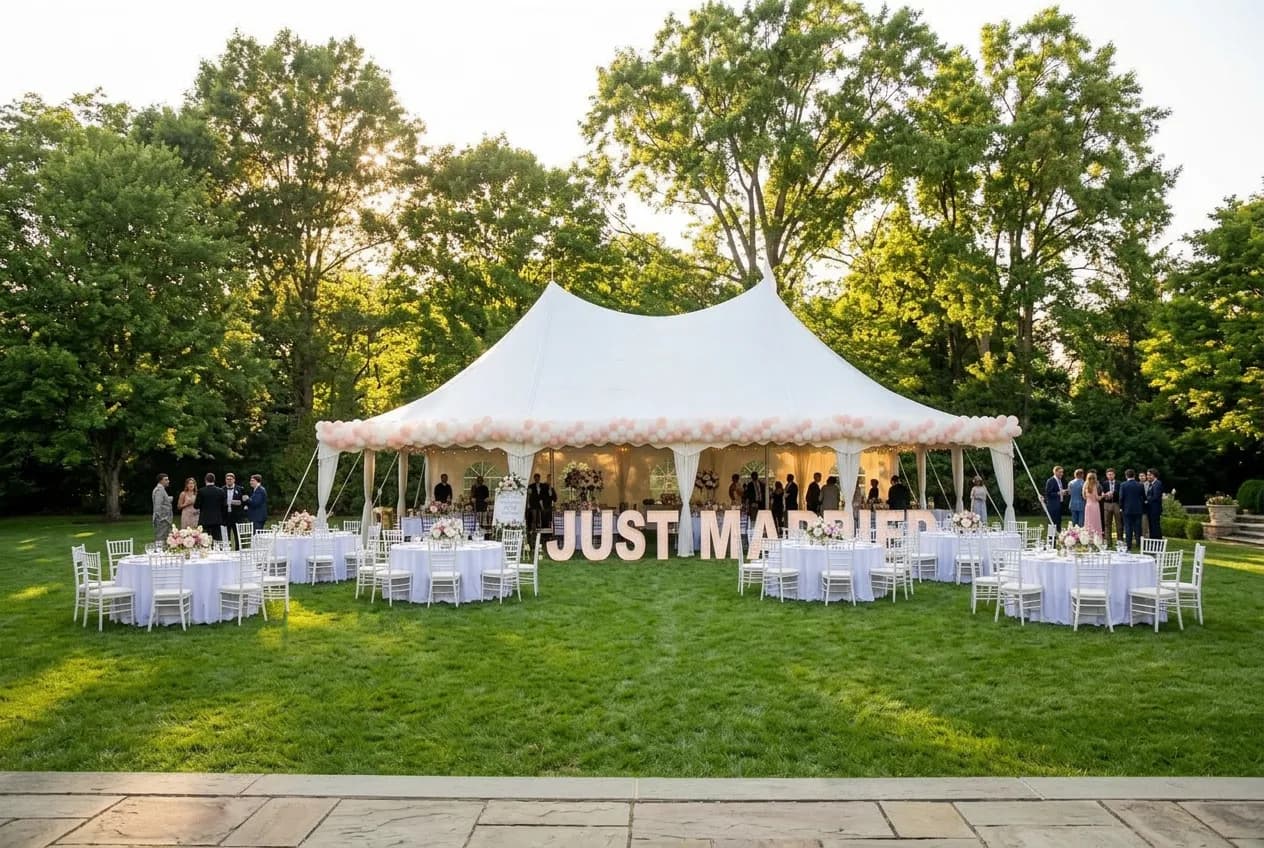 Outdoor wedding tent with dining tables on a lawn, Chicago-area venue.