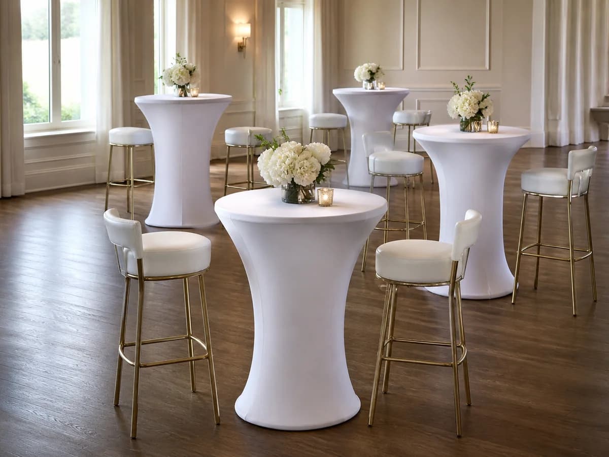 Cocktail tables and high-top seating at an event