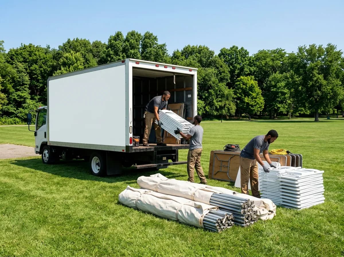 Sterling Event Rentals crew delivering and setting up event tent and equipment