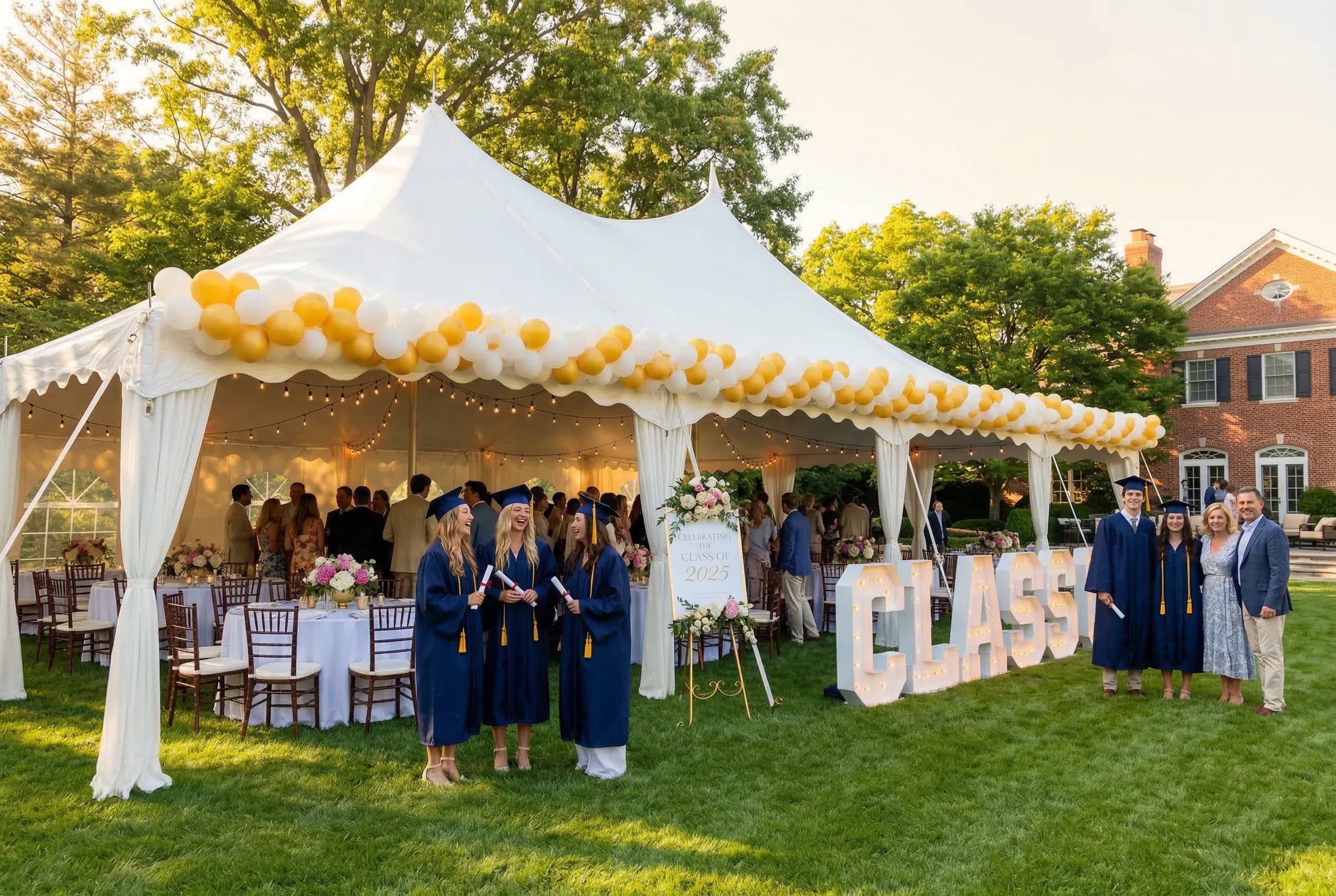 Outdoor graduation ceremony with Class of 2024 marquee letters and tent on a turf field, Chicago skyline beyond.