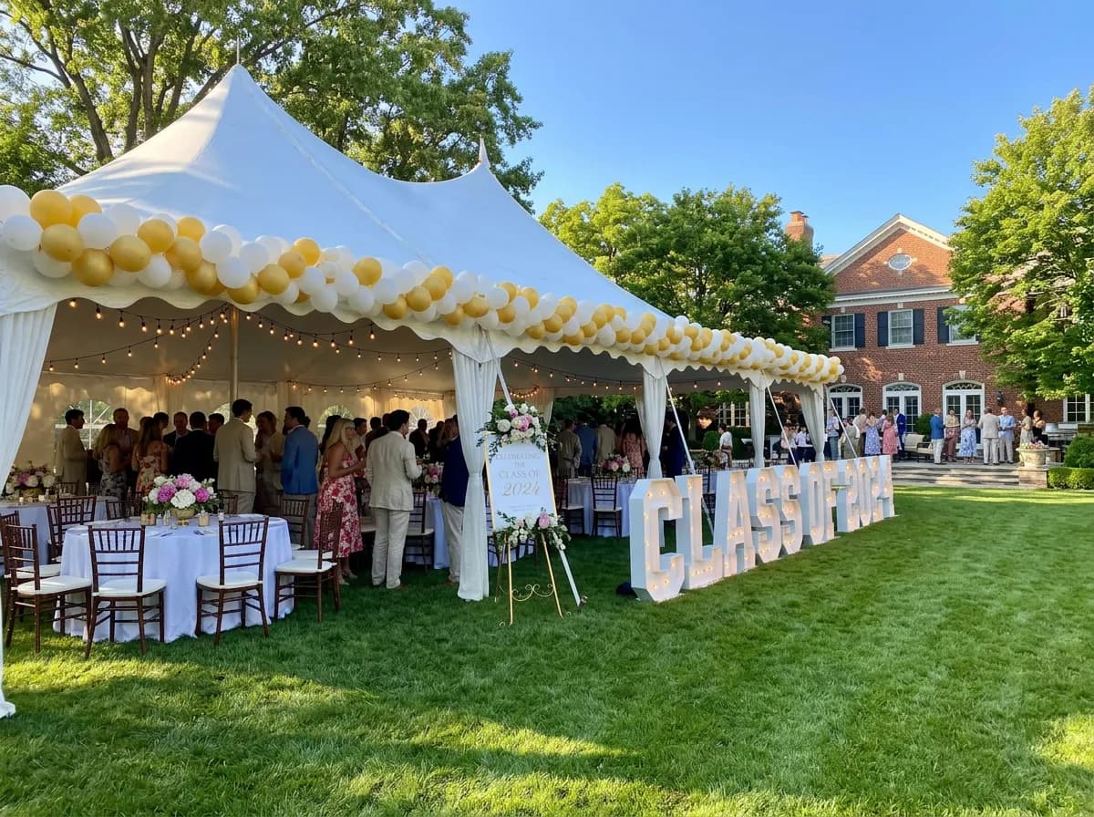 Outdoor graduation celebration under a tent in the Chicago north suburbs