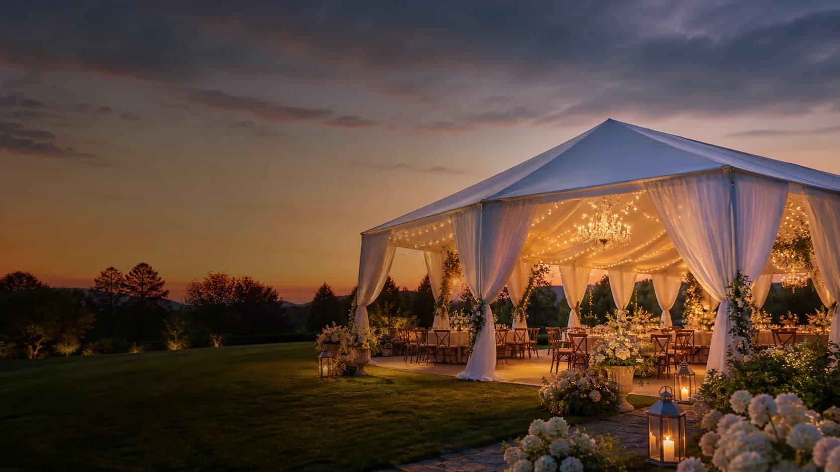 Outdoor wedding reception under a tent with tables and lighting