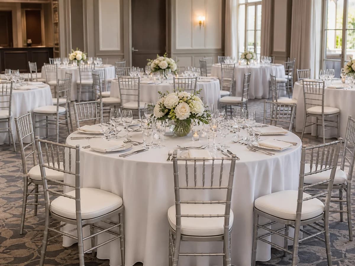 Round tables and seating under event lighting