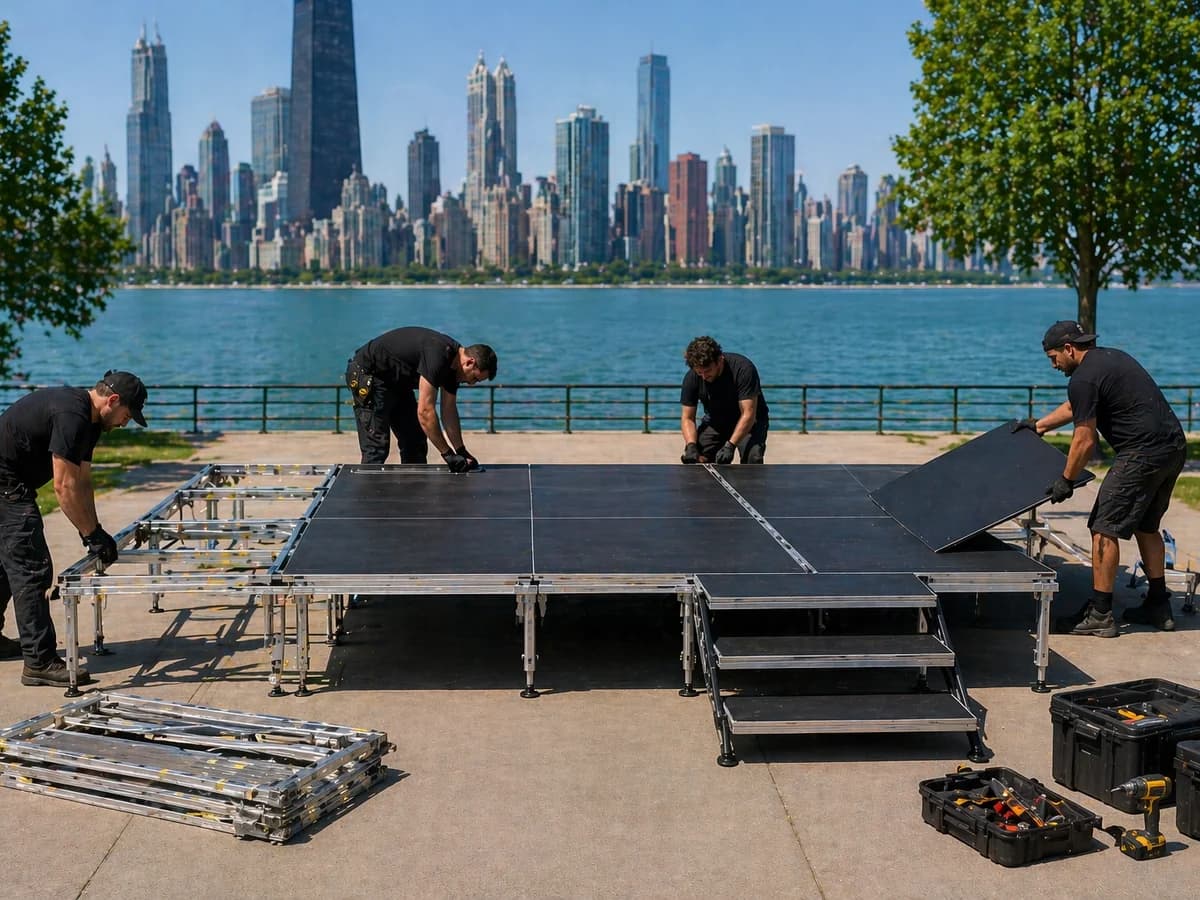 Crew installing stage