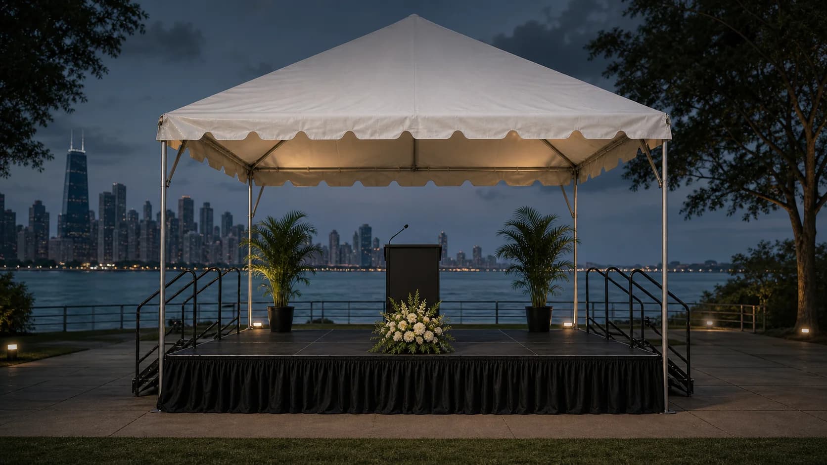 Stage rental setup for a Chicago outdoor event