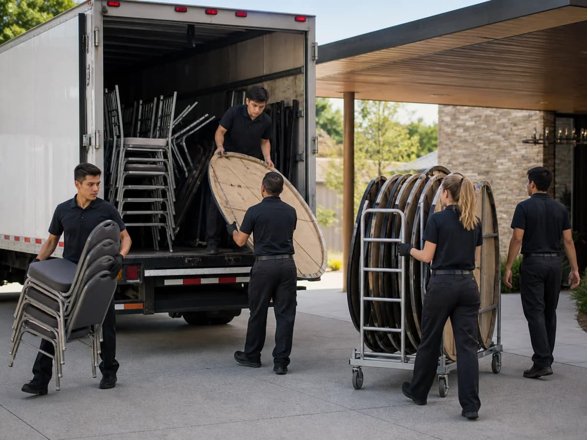 Crew setting up tables and chairs