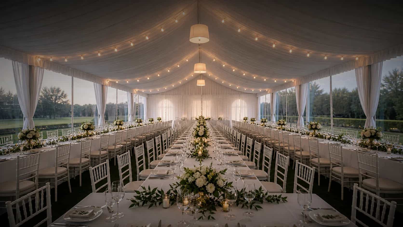 Wedding reception tables and chairs set under lighting in Chicago