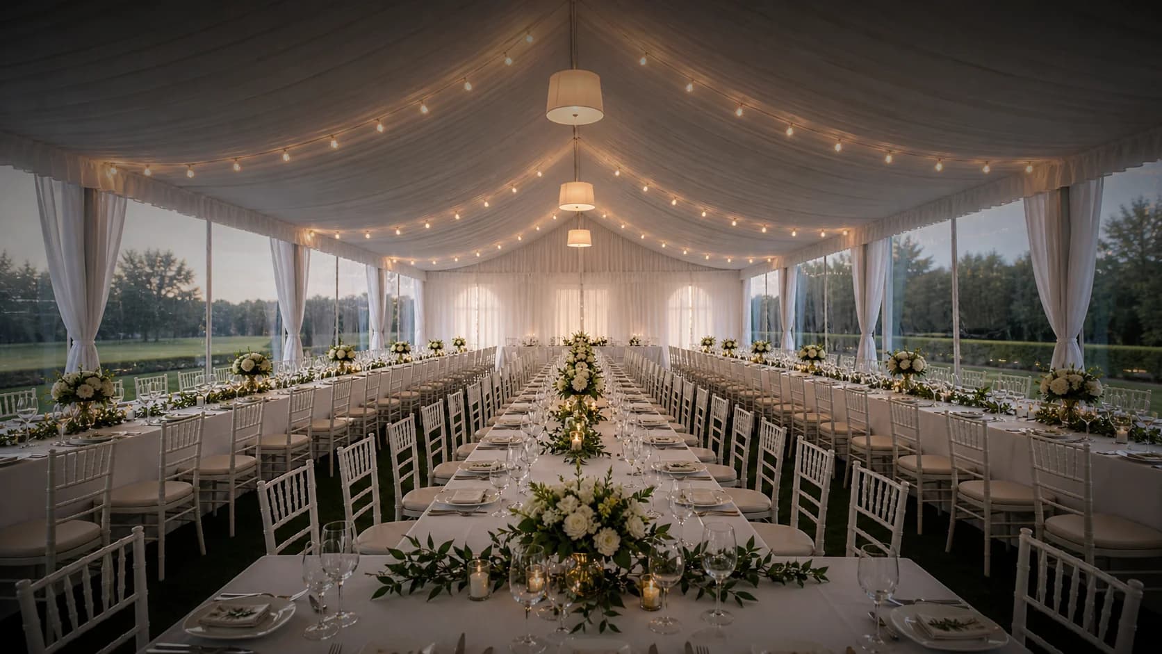 Elegant corporate event setup with cityscape views — Chicago outdoor gala