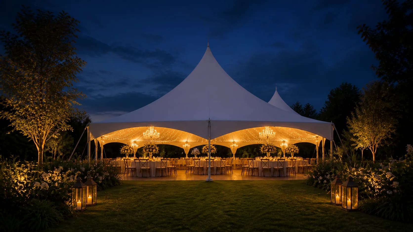 Evening outdoor wedding tent with warm lighting and guest seating